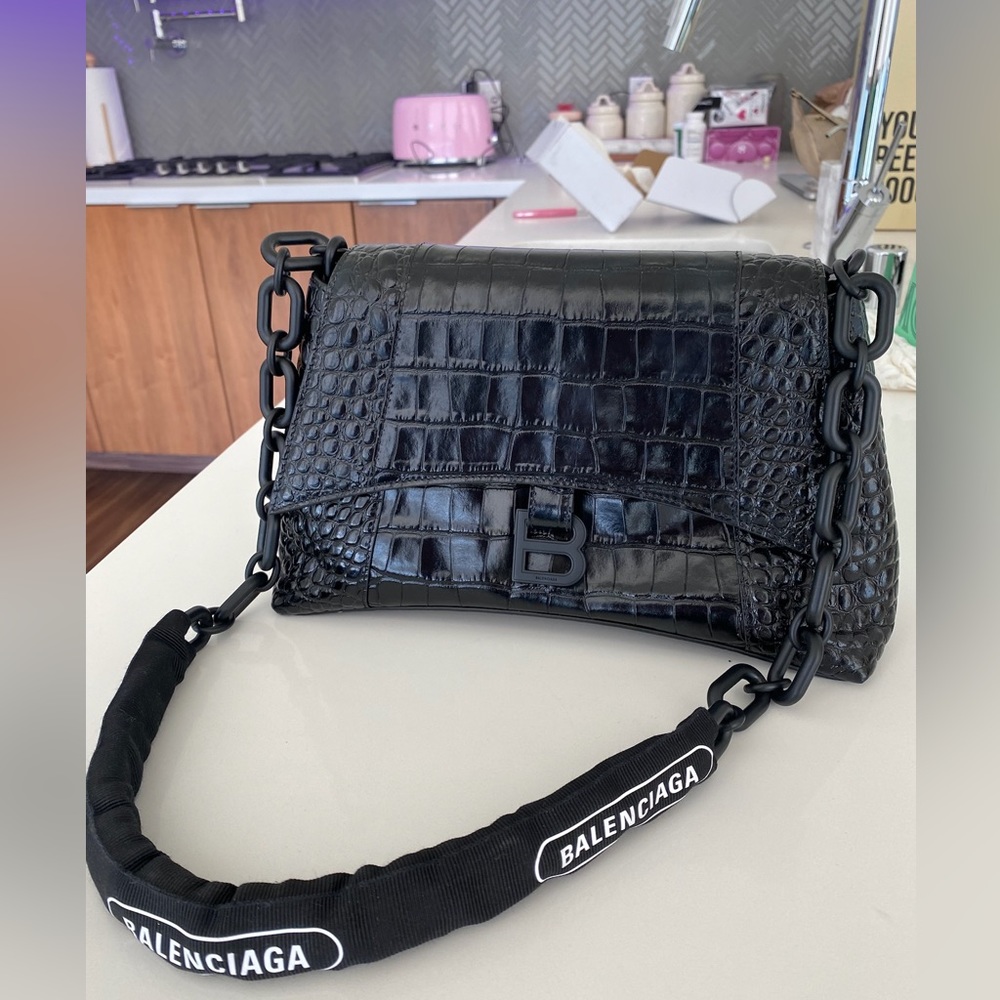 Balenciaga Shiny Calfskin Crocodile Embossed Hourglass Chain